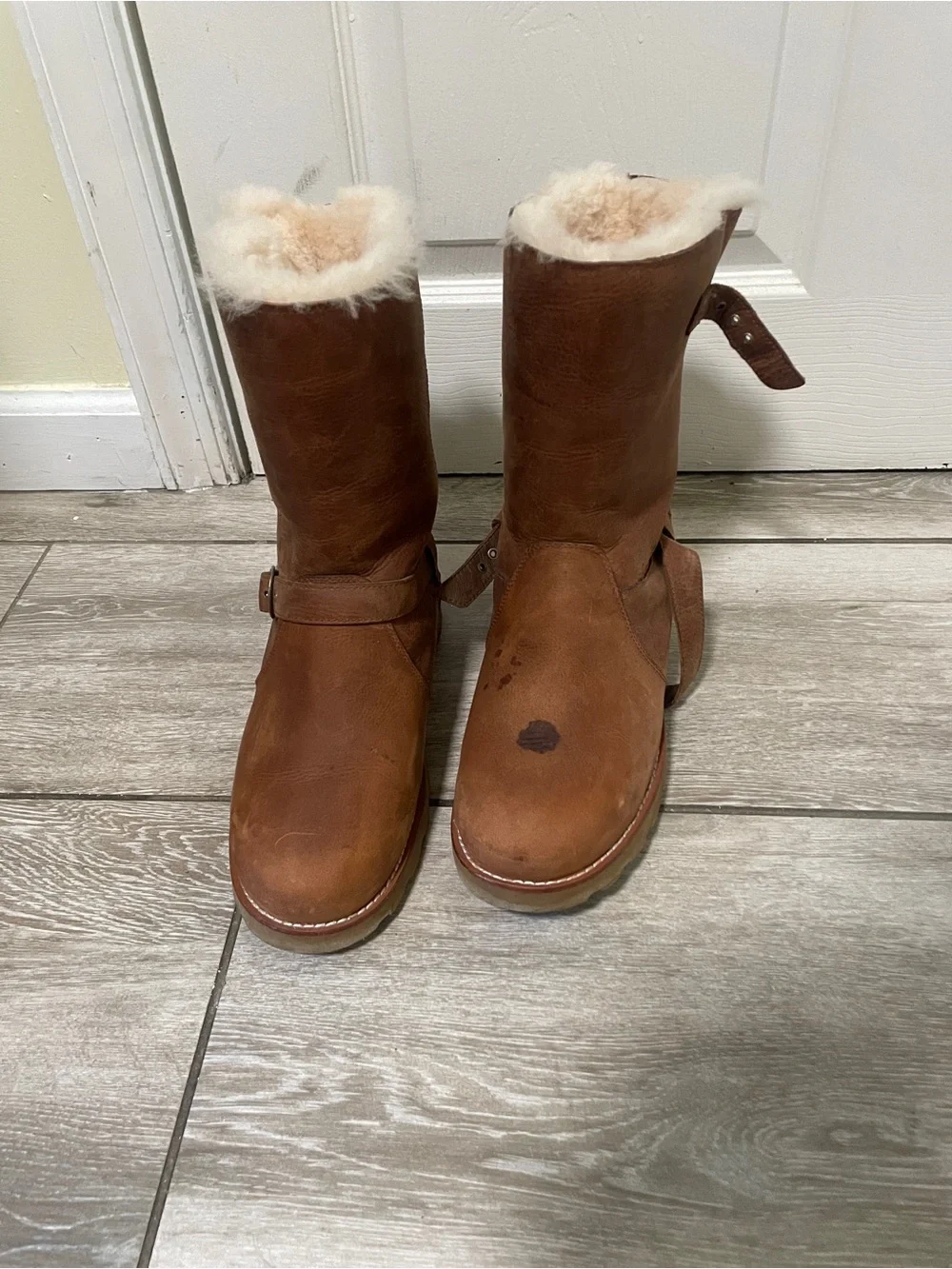 UGG Chestnut Brown Shearling Mid-Calf Boots with Buckle Detail